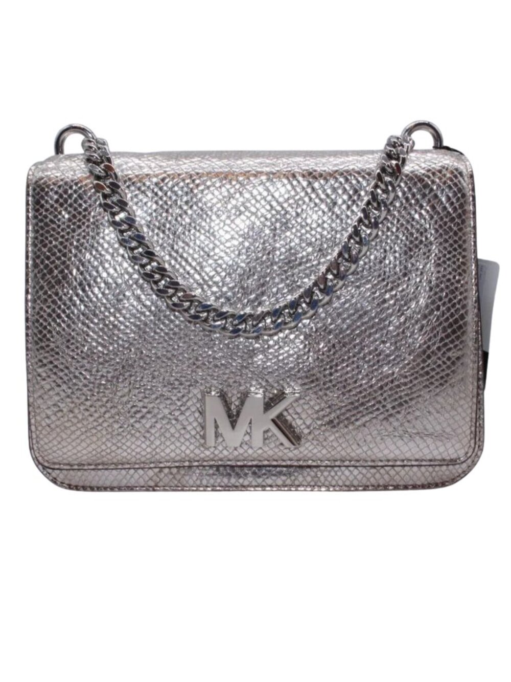 Michael Kors Silver Snake Mott Leather Chain Swag Shoulder Crossbody Bag Purse